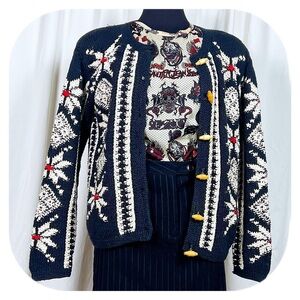 VTG 90s Black & White Ramie Cotton Knit Cardigan w Nordic Snowflake Pattern sz S